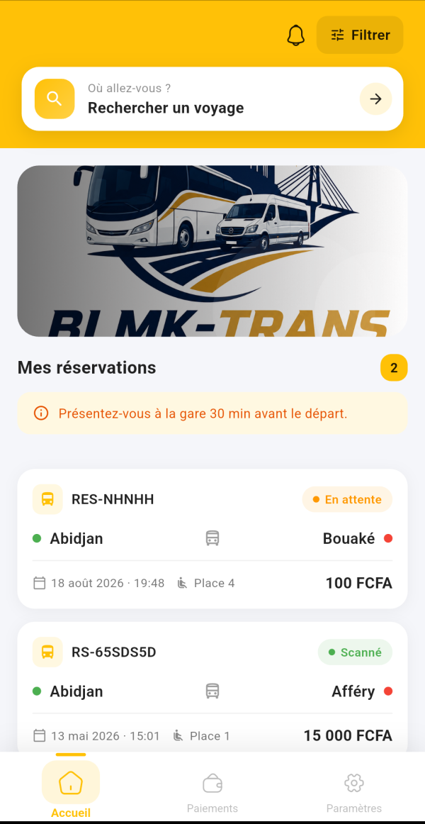 Écran d'accueil de l'application mobile BETRO : recherche de voyage et liste des réservations